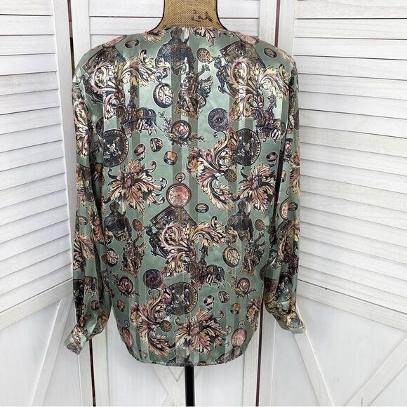 Sellecca Vintage Satin Printed Button Front Blouse Sage Green 10 - Picture 4 of 12